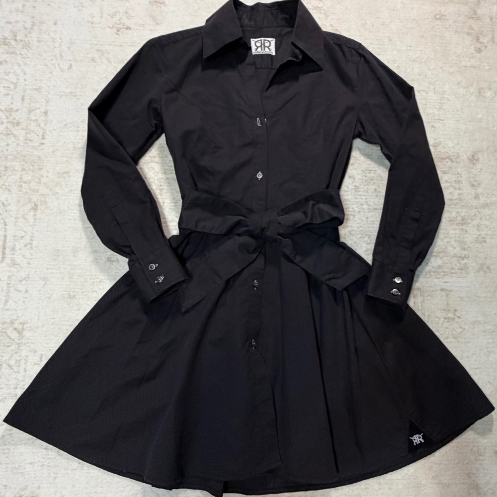 Double R by Ravi Ratan Black Micro Check Long Sleeve Belted Shirt Dress